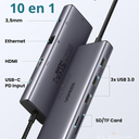ESTACION DE LAPTOP 10 EN 1 HDMI/VGA 4K ETHERNET 1GBPS 100W PD USB*3 AUDIO SD/TF UGREEN