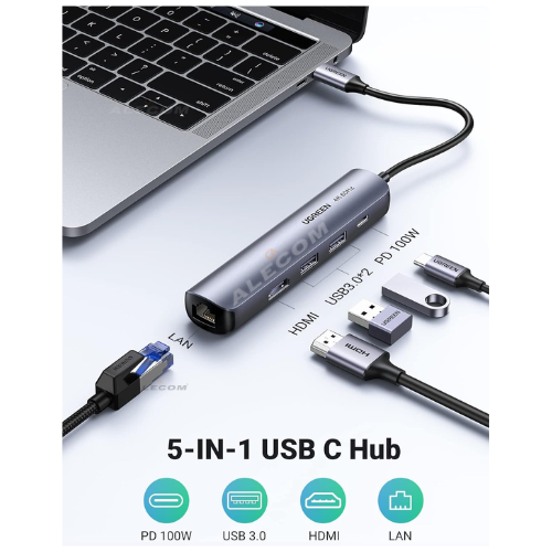 HUB USB C 5 en 1 ULTRADELGADO 2XUSB 3.0 1XHDMI 1X RJ45 1000MBPS UGREEN