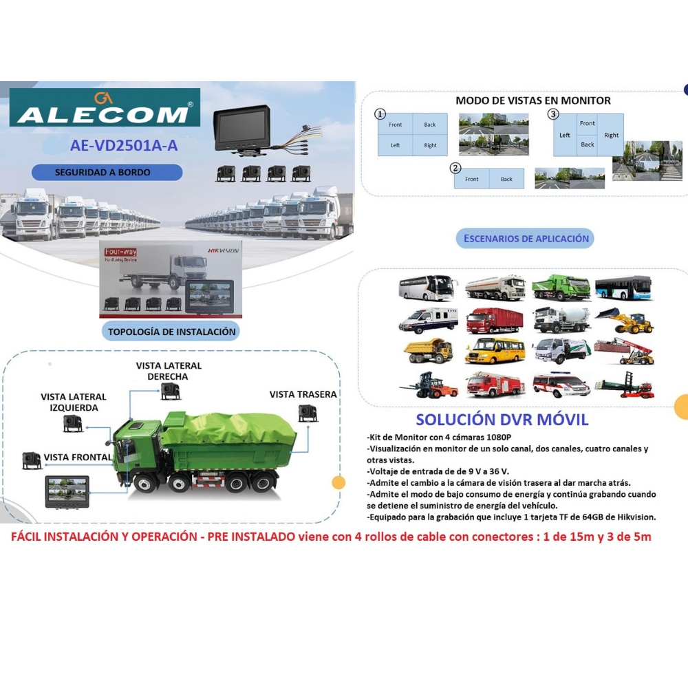 KIT DE 04 CAMARAS PARA CARRO Y PANTALLA LCD + CABLES HIKVISION