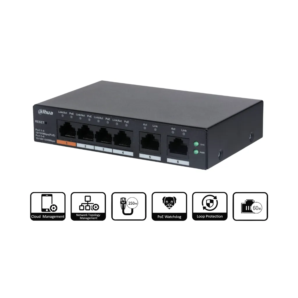 SWITCH POE 4PPOE 60W DAHUA DH-CS4006-4ET-60 CLOUD DAHUA