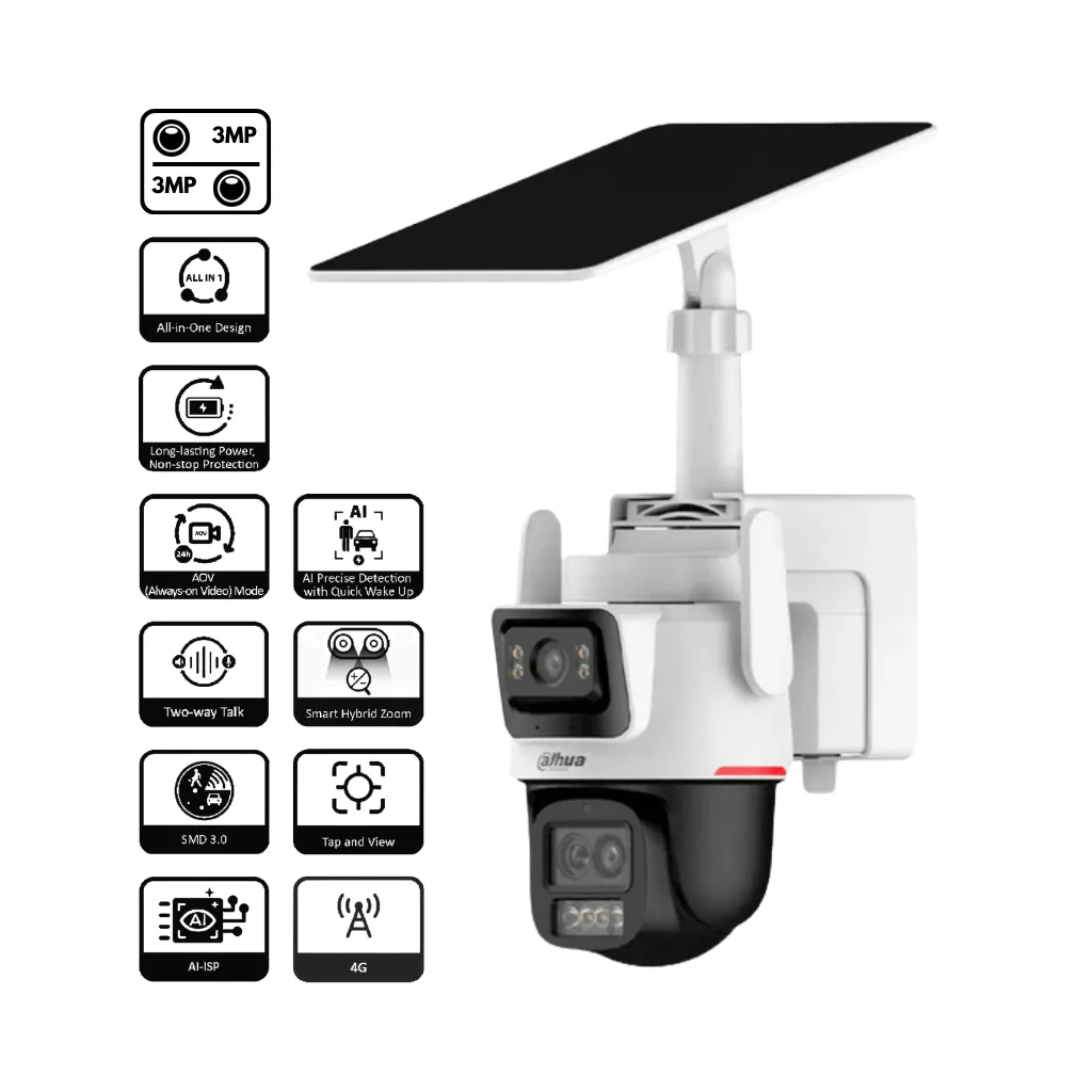 CAMARA IP 3MP+3 PT WIZ COLOR 6X ZOOM 4G BATERIA + PANEL SOLAR APOLLO DAHUA