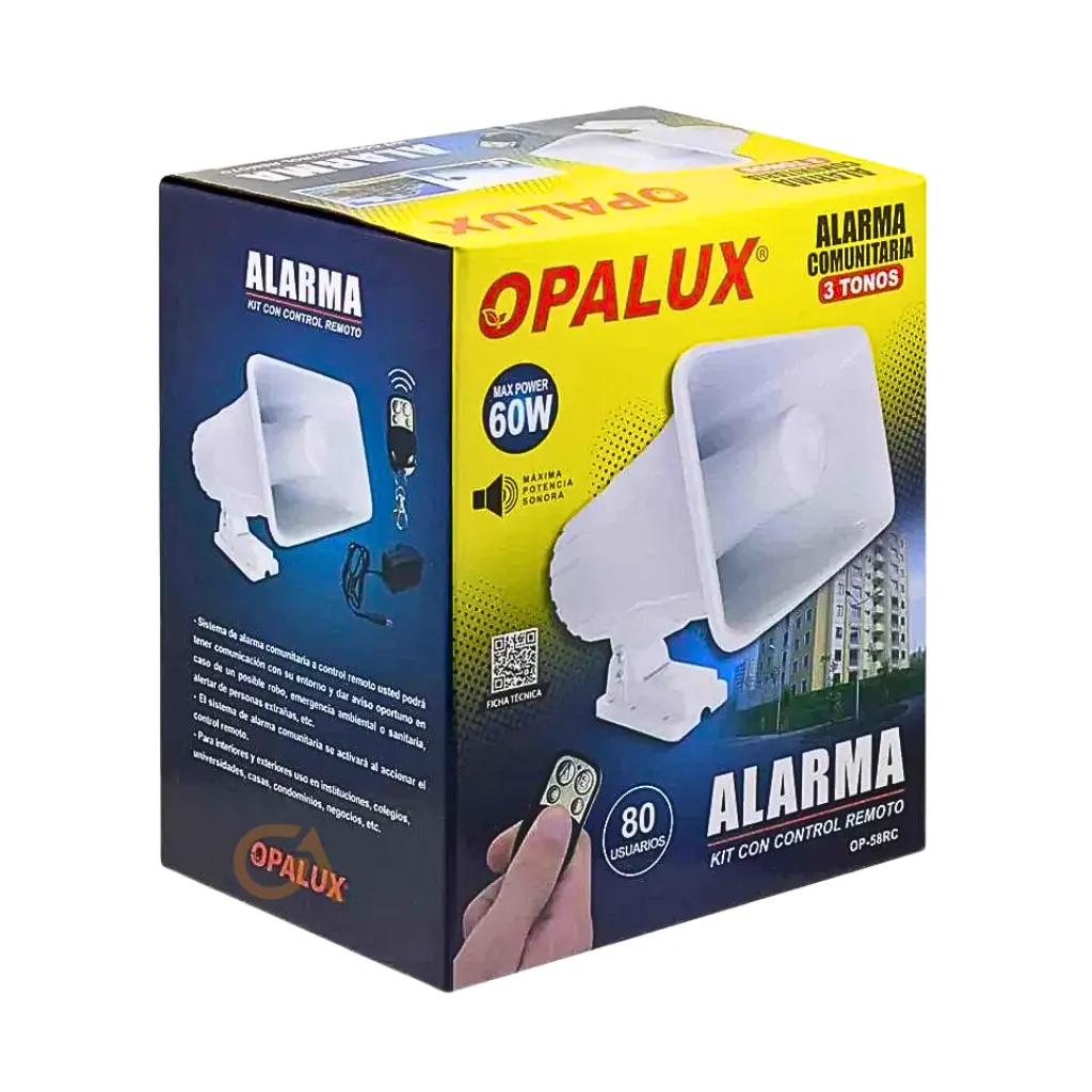 ALARMA COMUNITARIA 9-15VDC 60W C/CONTROL REMOTO 3 TONOS, ADAPTADOR 100-240V 12V 2AMP OPALUX