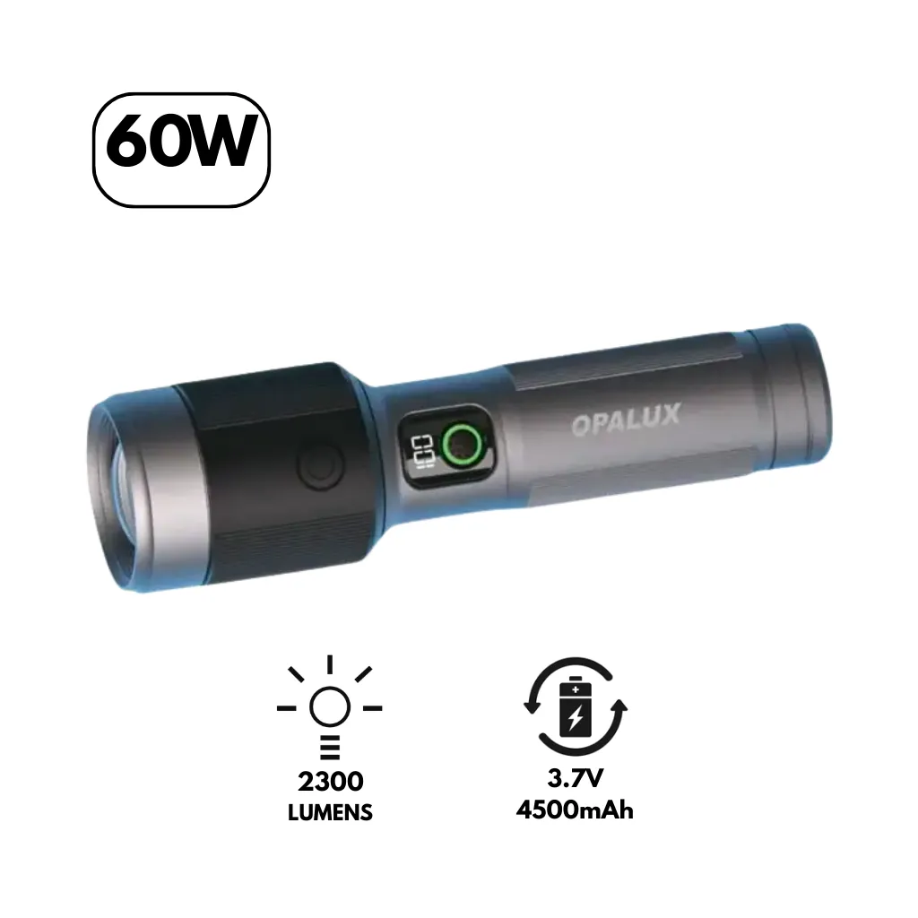 LINTERNA RECARGABLE DIMABLE 60W C/LENTE DE AUMENTO 2300LM 850MT BAT. 2170 1x4500 MAH OPALUX