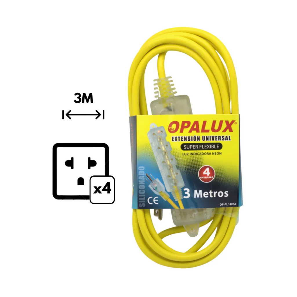 EXTENSOR UNIVERSAL CON 4 ENTRADAS UNIVERSALES C/TOMA A TIERRA, MATERIAL CCA, 3MTS OPALUX