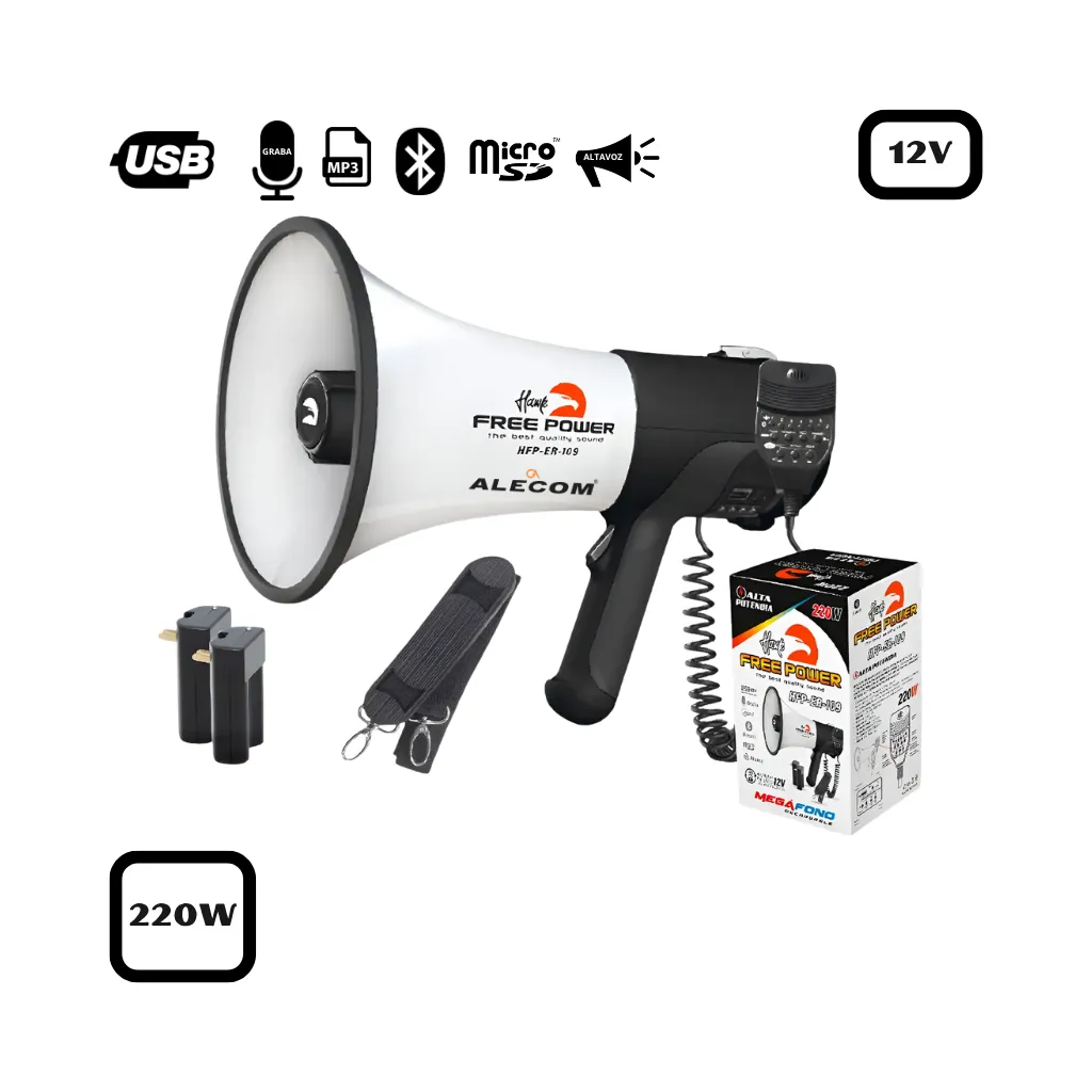 MEGAFONO RECARGABLE 220W MAX (GRABADOR, SIRENA, BLUETOOT FREE POWER