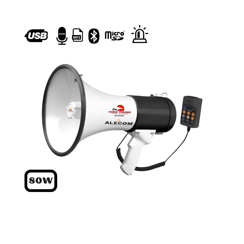 MEGAFONO 80W C/SIRENA,BLUETOOTH SD, ALARMA Y USB 12V NEGRO FREE POWER