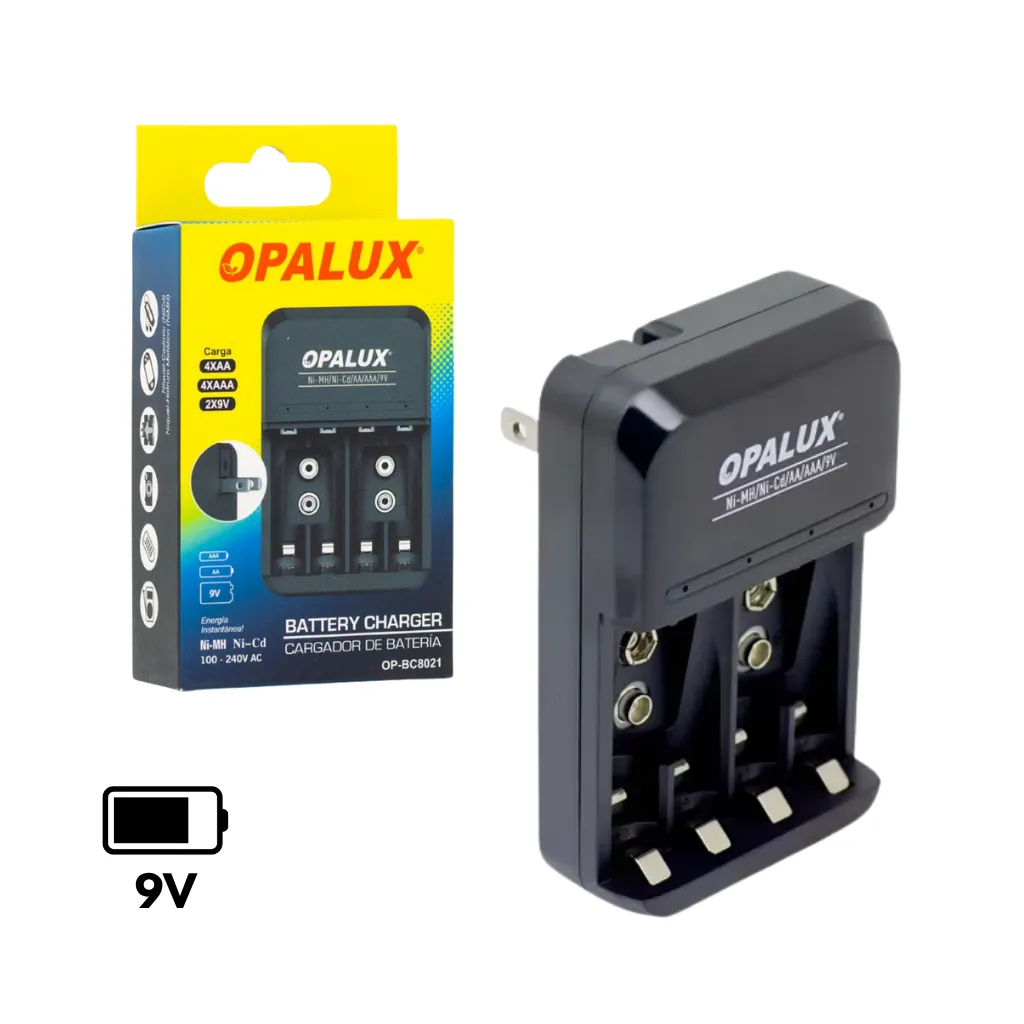 CARGADOR DE PILAS PARA AA/AAA 9V ENCHUFE PLANO 100-240VAC 50/60HZ NICD NIMH OPALUX