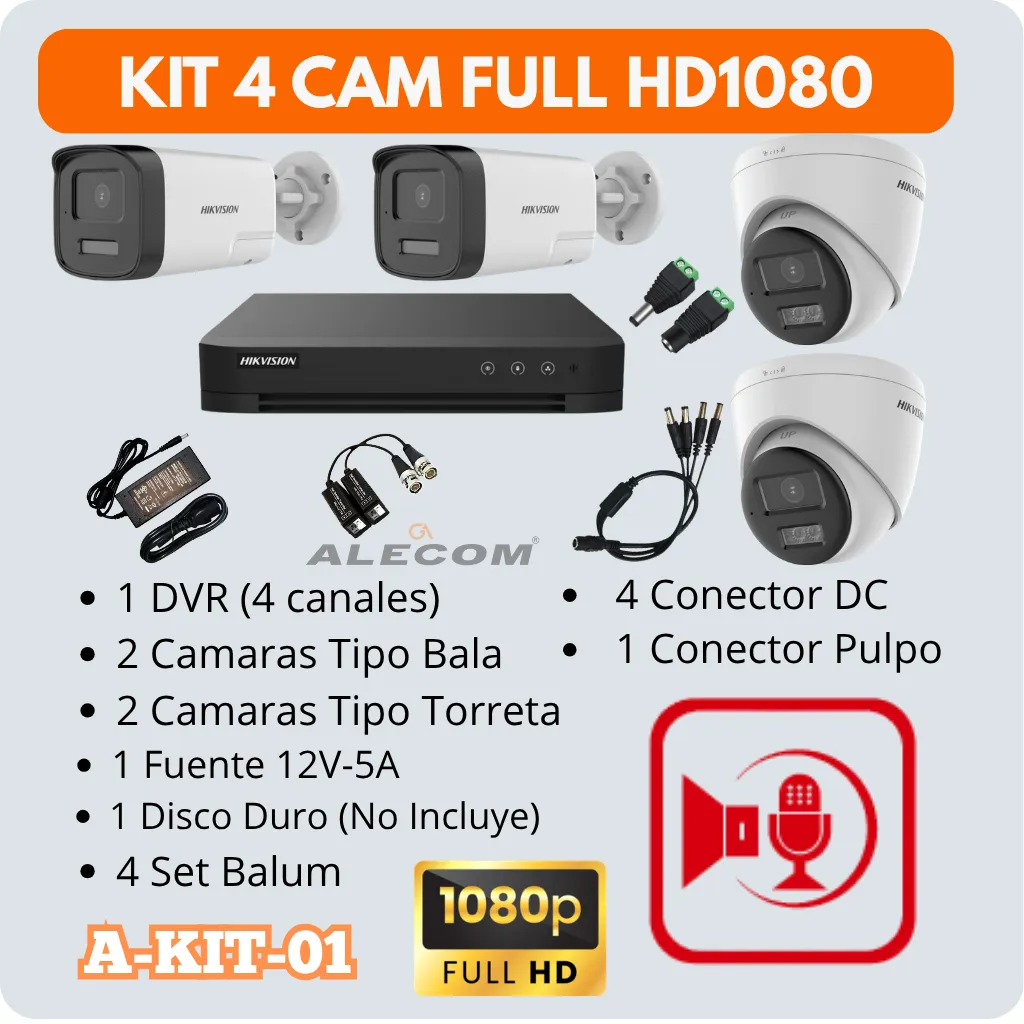 KIT DE 4 CAMARAS-2MP DOBLE VIA HABLAS Y ESCUCHAS HIKVISION