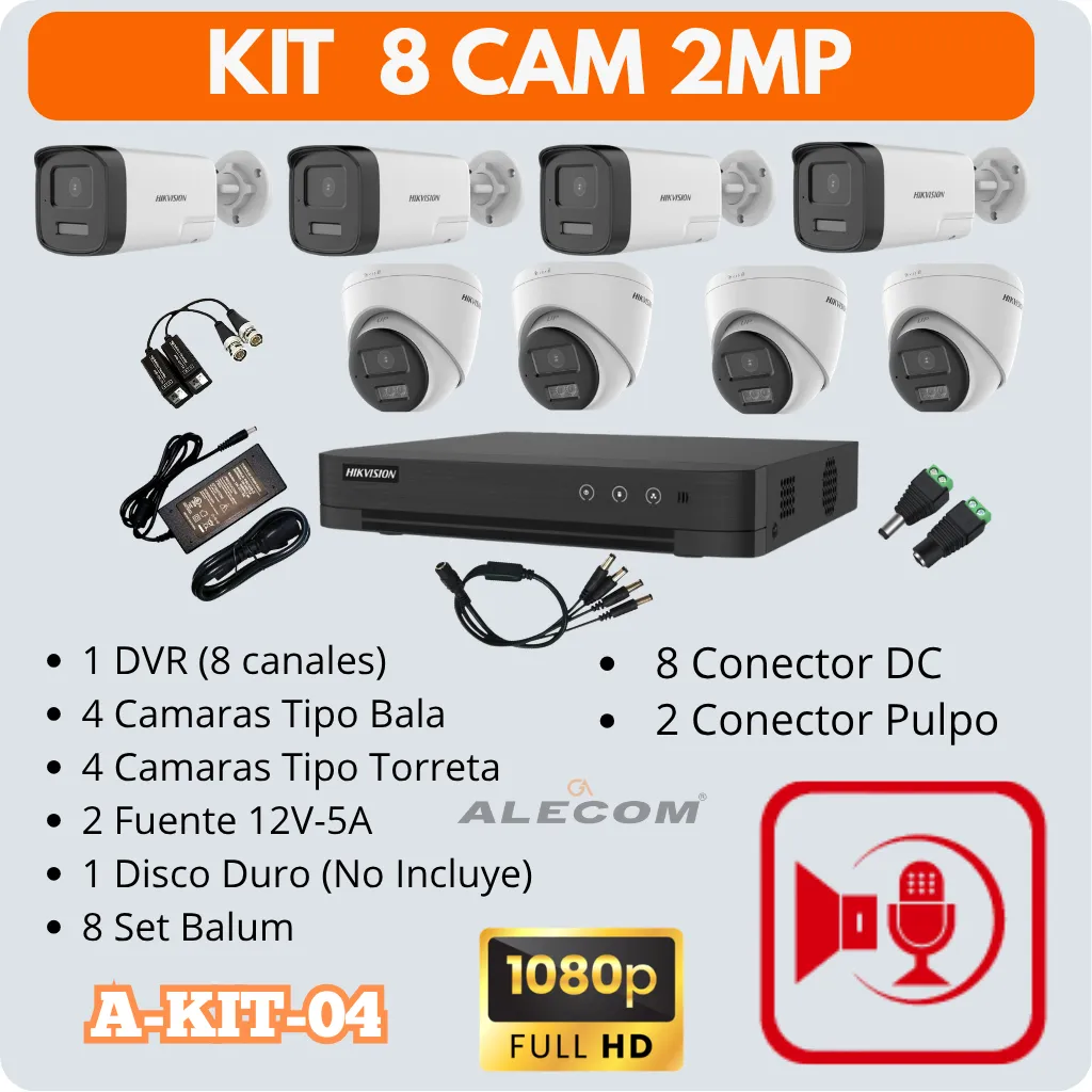 KIT DE 8 CAMARAS-2MP DOBLE VIA HABLAS Y ESCUCHAS HIKVISION (A-KIT-04)