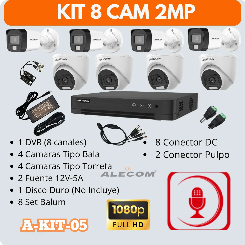 KIT DE 8 CAMARAS-2MP CON AUDIO HIKVISION (A-KIT-05)