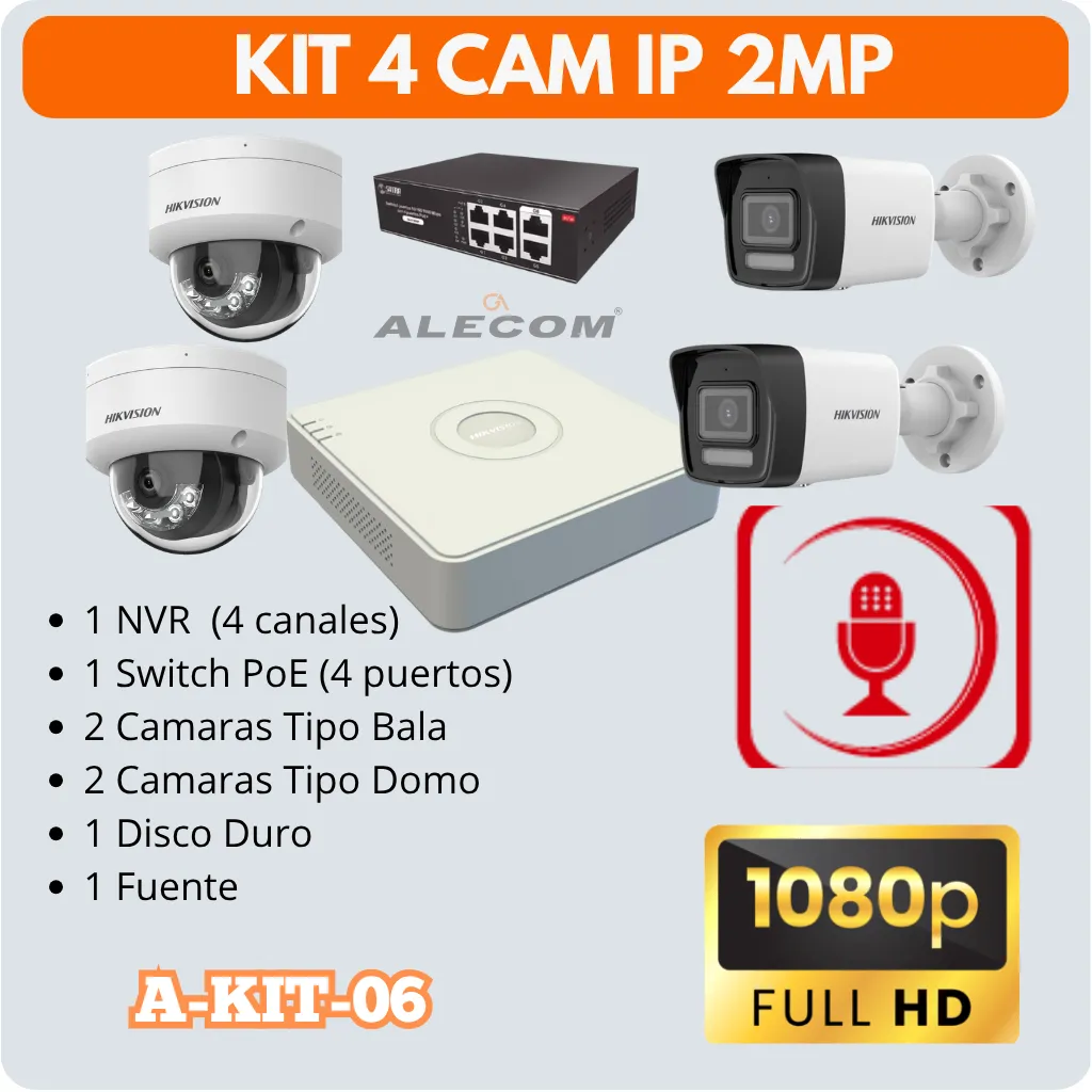 KIT DE 4 CAMARAS IP 2MP FULL HD + AUDIO HIKVISION (A-KIT-06)