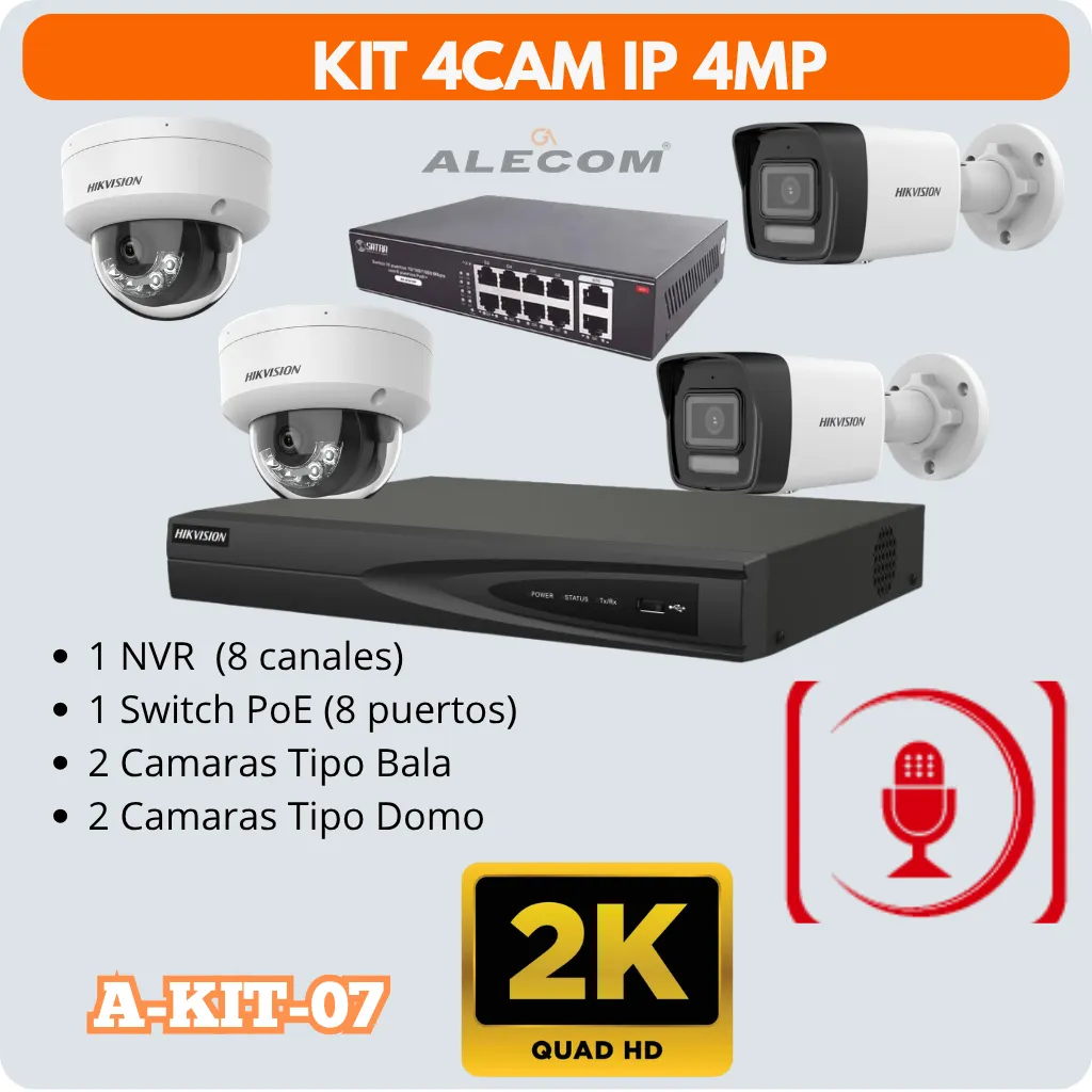 KIT DE 4 CAMARAS IP 4MP FULL HD + AUDIO HIKVISION (A-KIT-07)