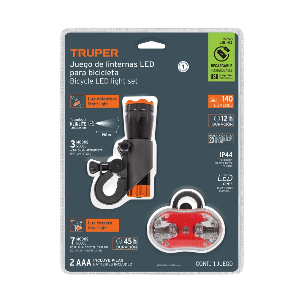 [16798] JUEGO DE LINTERNA DELANTERA Y TRASERA PARA BICICLETA TRUPER