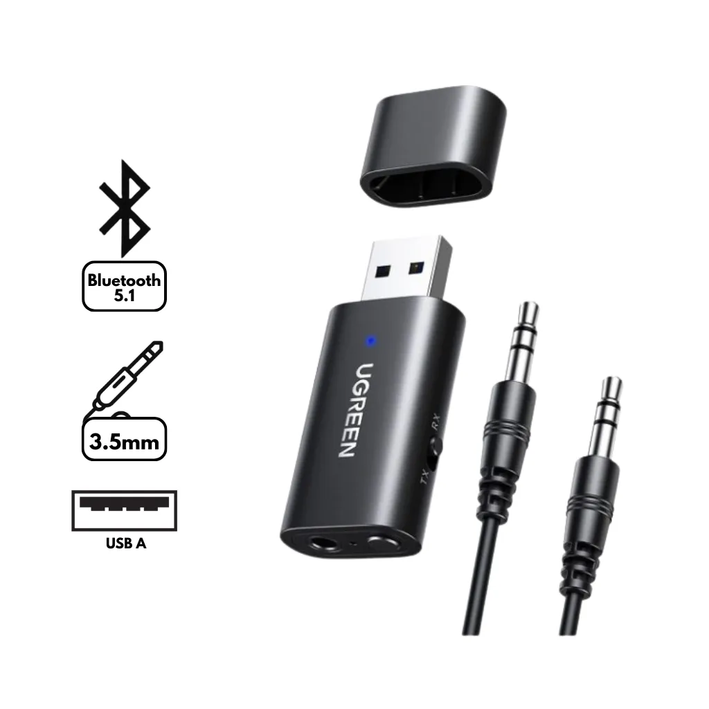 ADAPTADOR USB 2.0 DE 3,5 MM P/TRANSFERENCIA/REGRABACIÓN BLUETOOTH C/CABLE DE AUDIO CM523 UGREEN
