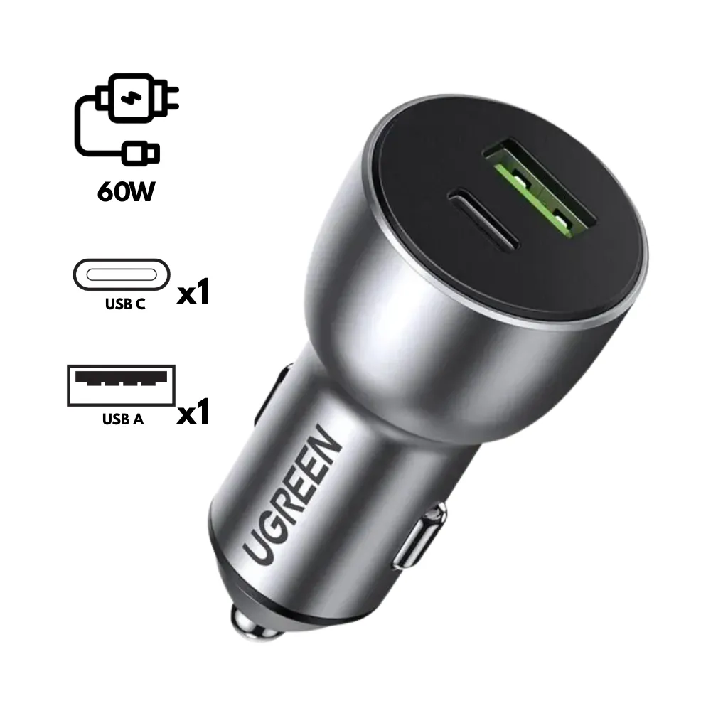 [60980] CARGADOR 60W COCHE RÁPIDO CGARGER USB-C+USB-A QC CD213 UGREEN
