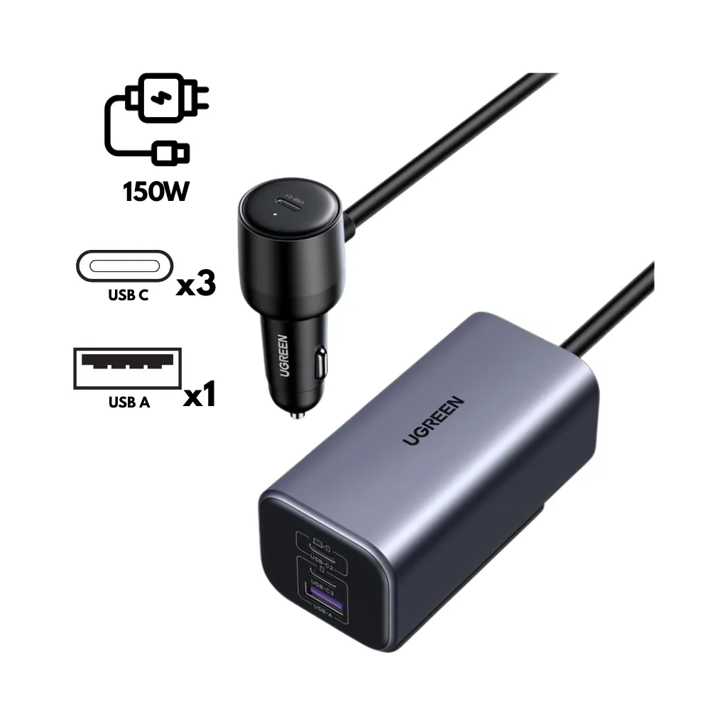 CARGADOR P/COCHE USB-C DE 150 W C/CONCENTRADOR DE CARGA USB-A EXTENDIDO + 2 USB-C EC706 UGREEN