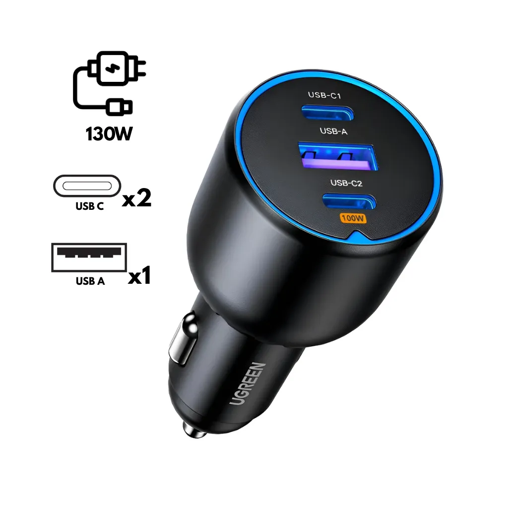 [35025] CARGADOR RAPIDO P/COCHE 2xUSB-C PD+USB-A DE 130W EC705 UGREEN