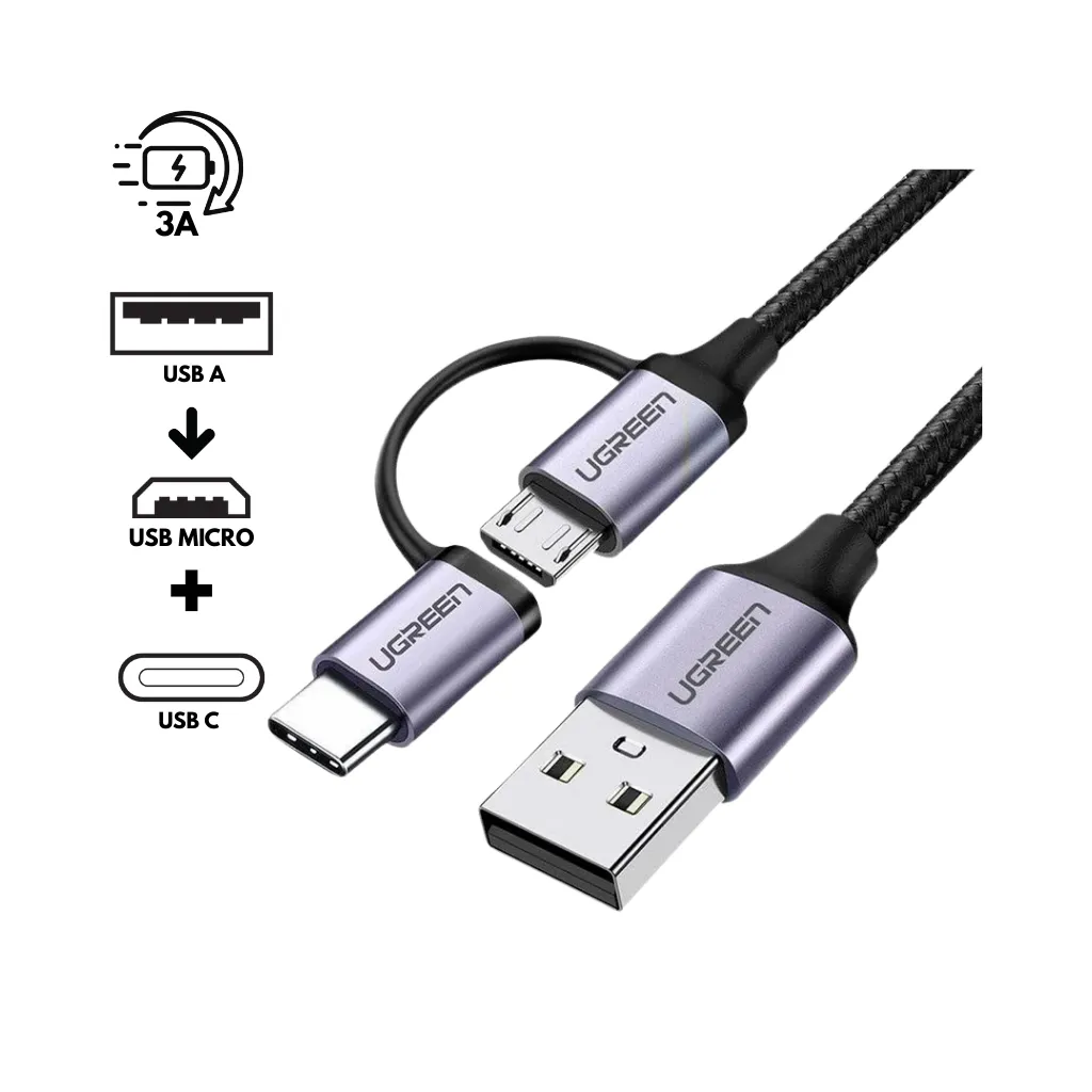 CABLE DE DATOS USB2.0A MACHO A MICRO USB+USB-C MACHO 3A UGREEN