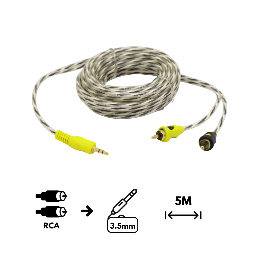 [HFM-RCA-P-5M] CABLE 2 RCA MACHO A PLUG STEREO 3.5MM OD 3.8x7.6mm 5M FULL MAX