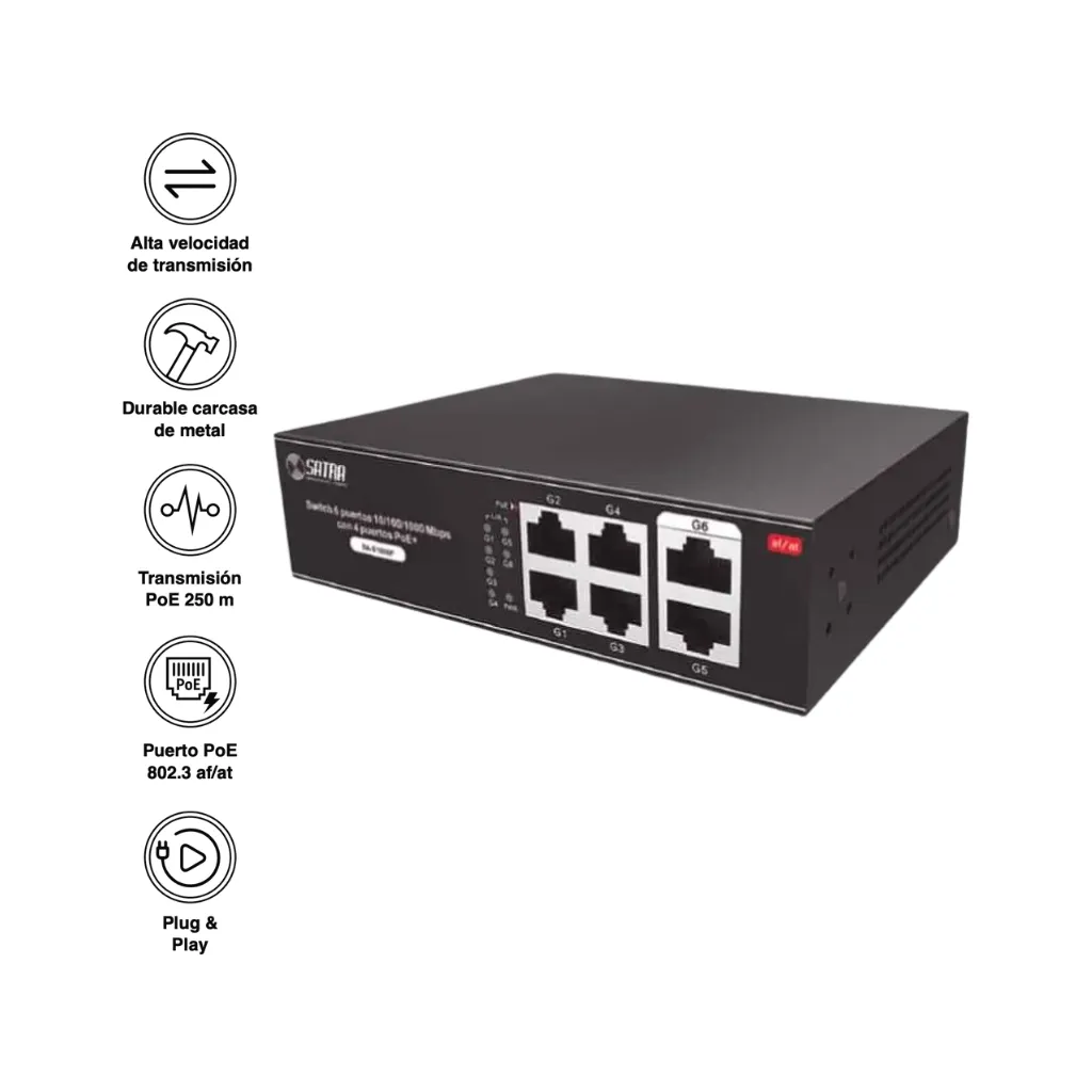 [SA-S1006P] SWITCH GIGABIT 6 PUERTOS 10/100/1000 MBPS CON 4 PUERTOS POE 1403010000 SATRA
