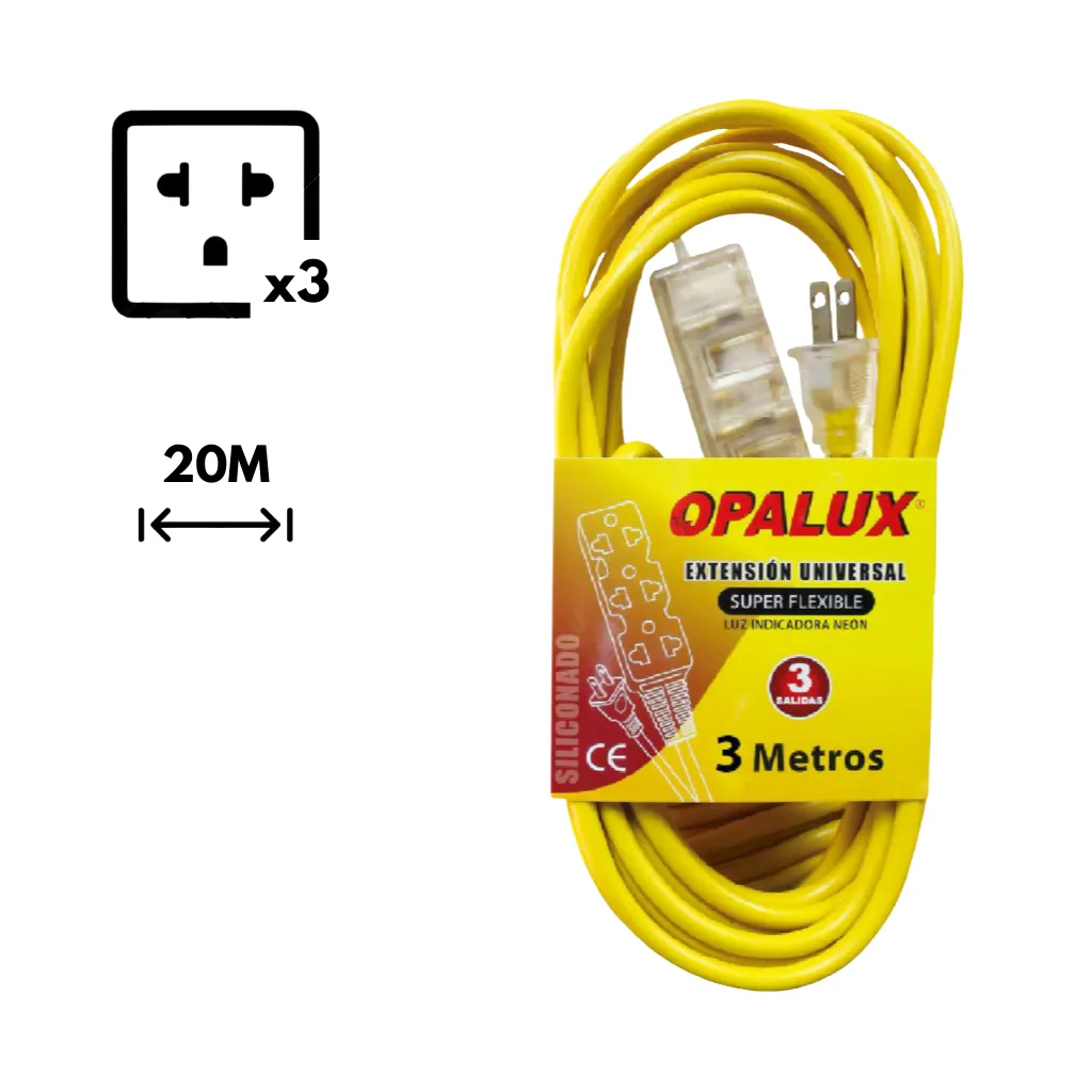 EXTENSION AMARILLA CON 3 TOMAS TRANSPARENTE SILICONEADA 3MTS OPALUX