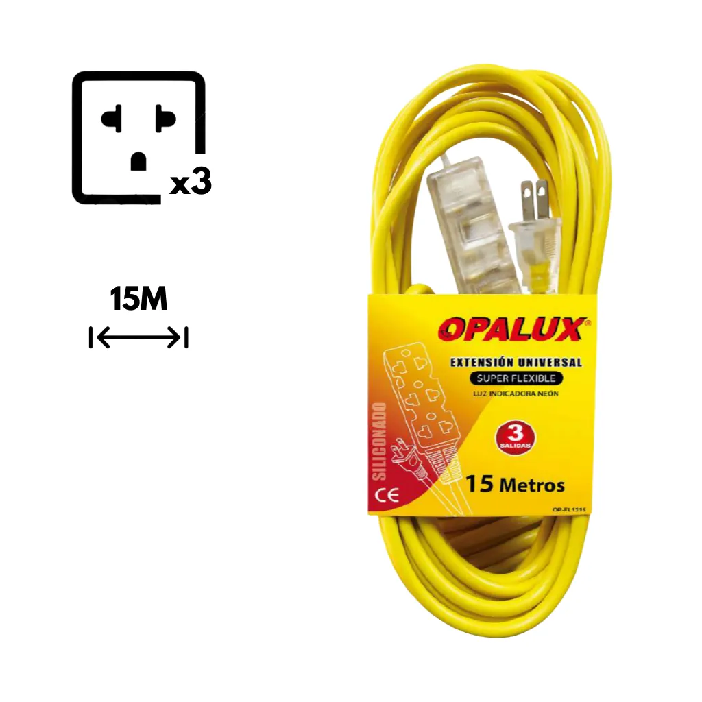 [OP-FL1215] EXTENSION AMARILLA CON 3 TOMAS TRANSPARENTE SILICONEADA 15MTS OPALUX