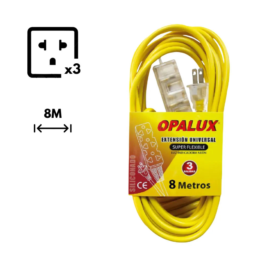 EXTENSION AMARILLA CON 3 TOMAS TRANSPARENTE SILICONEADA 8MTS OPALUX
