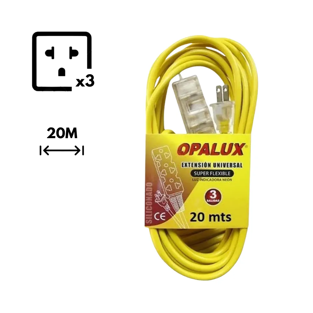 [OP-FL1220] EXTENSION AMARILLA CON 3 TOMAS TRANSPARENTE SILICONEADA 20MTS OPALUX