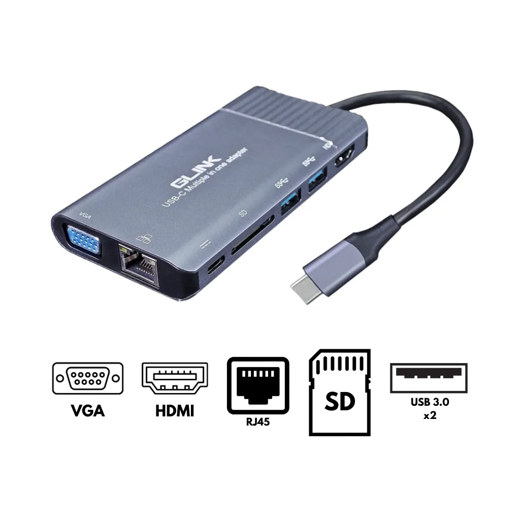 [GL-081] ADAPTADOR DE ESTACION DOCK MULTIFUNCION TIPO C USB 3.0x2+LECTOR DE TARJETAS SD+HDMI/VGA+JACK3.5+LAN GIGABIT+PUERTO TIPO C GLINK