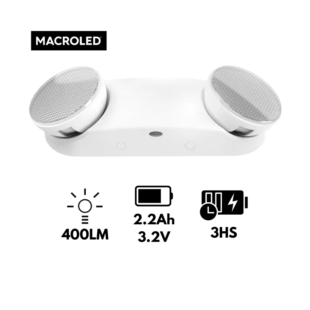 [EML-MT-400-A] LUZ DE EMERGENCIA TIPO MANTIS 2 CABEZALES AC110-240V 400LM BATERIA 3.2V 1800mAh 3HS BCO FRIO 6500K MACROLED
