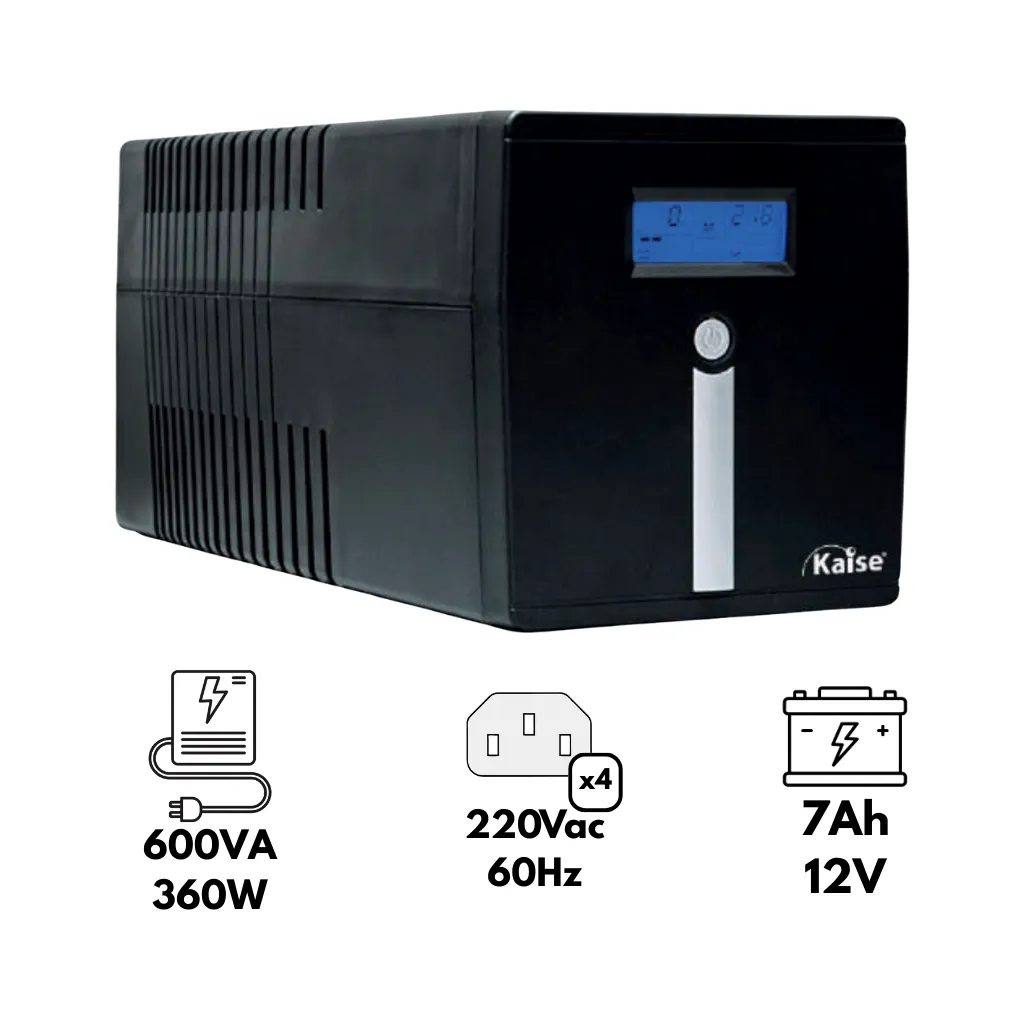 UPS INTERACTIVO 600VA/360W FP=0.60 220VAC 60HZ C/PANEL LCD Y BATERIA 12V Y 7AH KAISE