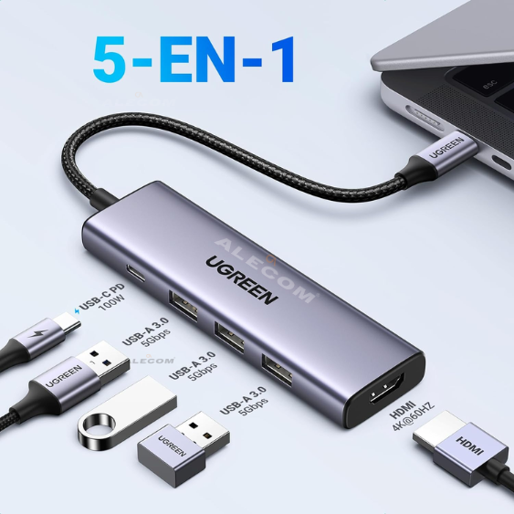 HUB USB-C 5 en 1 USB-C 4K@60HZ HDMI 100W DE POTENCIA USB-A3.0x3 UGREEN