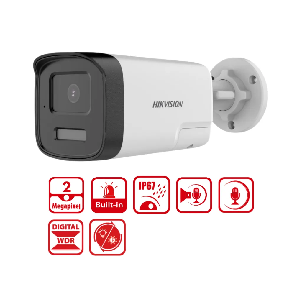 CAMARA ANALOGO 2MP TUBO SMART HYBRID LIGHT IR 40M L2.8MM C/AUDIO 2 VIAS Y SIRENA HIKVISION