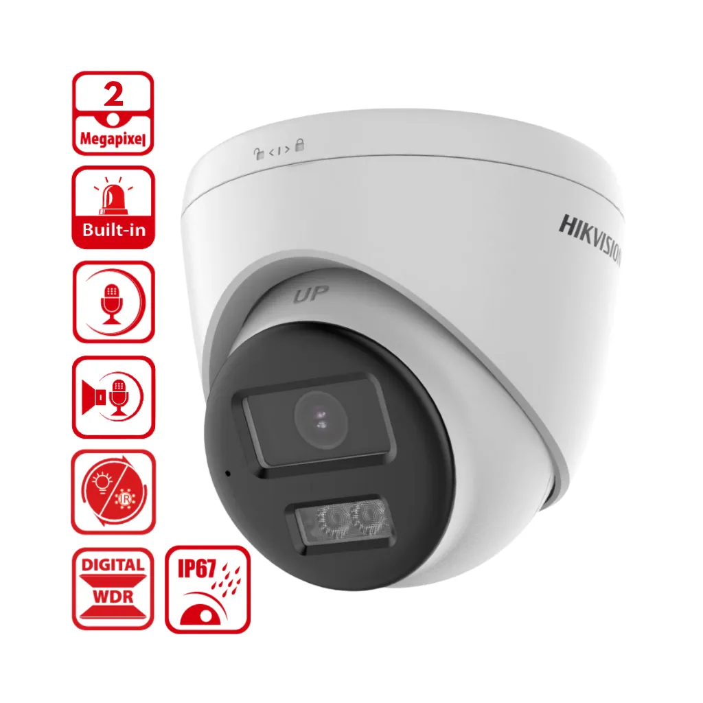 CAMARA ANALOGO 2MP TURRET SMART HYBRID LIGHT IR 40M 2.8MM C/AUDIO 2 VIAS Y ALARMA HIKVISION