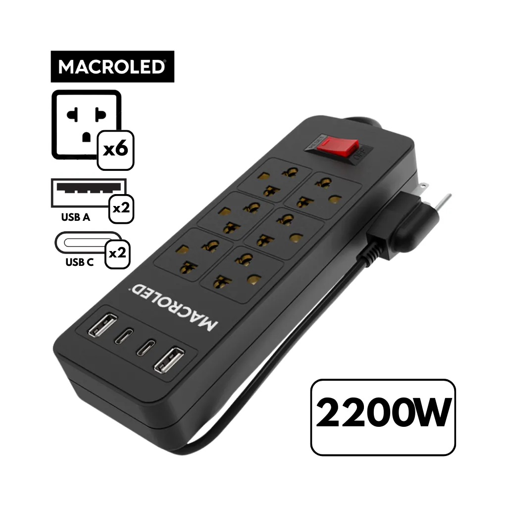 [SX6N-2USB+2USBC-3M] SUPRESOR MULTIPLE 6 TOMAS NEGRO+2 USB +2 USB C 3MTS DE CABLE 3X0.75MM 250V 10A 2200W MAX USB 5V 3.1A PROTECTOR TERMICO MACROLED