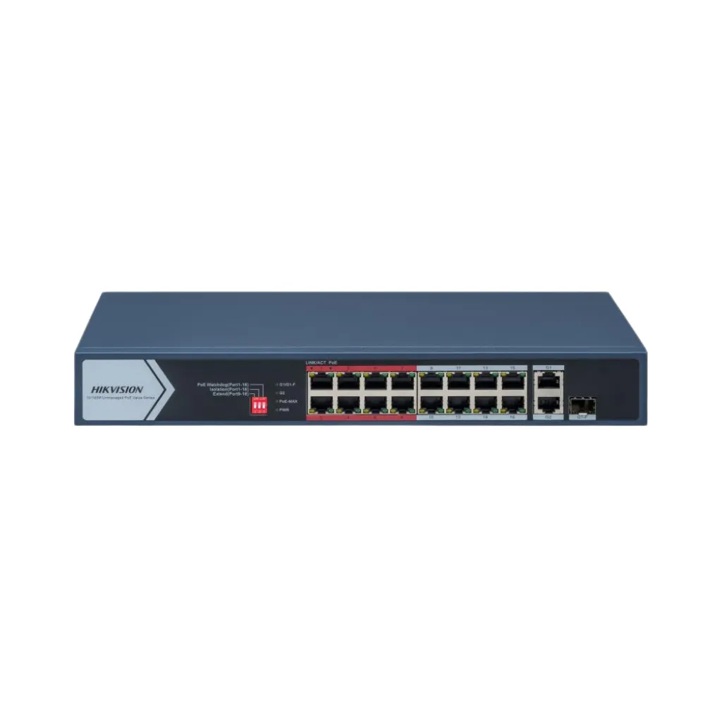 SWITCH POE 16 PUERTOS 10/100 POE (9 RED)MBPS 30W, HIKVISION