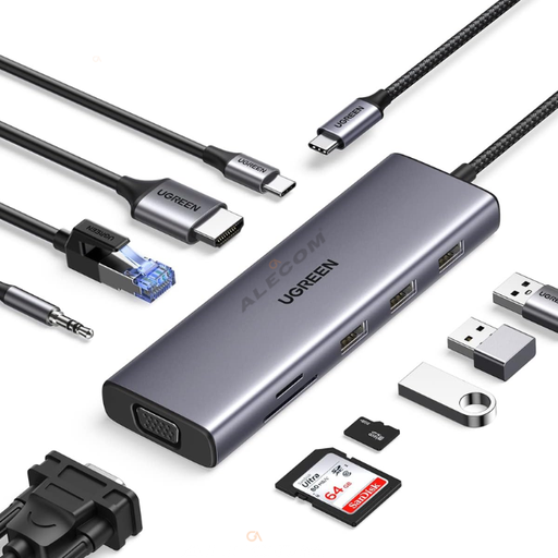 [15601] HUB USB C DONGLE 10en1 CON MONITOR DUAL HDMI Y VGA 4K UGREEN