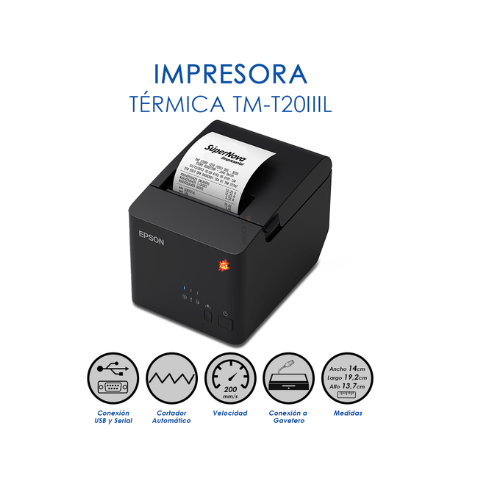 [TM-T20IIIL] IMPRESORA TERMICA TM-T20IIIL VELOCIDAD DE IMPRESION 200 mm/seg USB+Serial (RS-232) EPSON