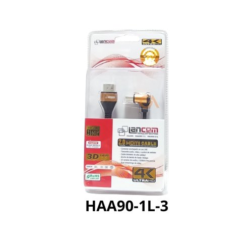 [HAA90-1L-3] CABLE HDMI SLIM (4MM) DELGADO CODO 90° C/METALICO (2.0) 3M LANCOM