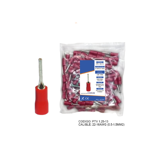 [PTV1.25-13] TERMINAL TIPO PIN ROJO 16-22 AWG P=13 TEPR0013 BLSx100UND