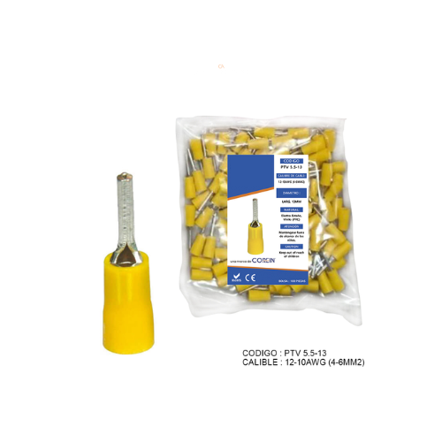 [PTV5.5-13] TERMINAL TIPO PIN AMARILLO 10-12 AWG P=13 TEPY0013 BLSx100UND.
