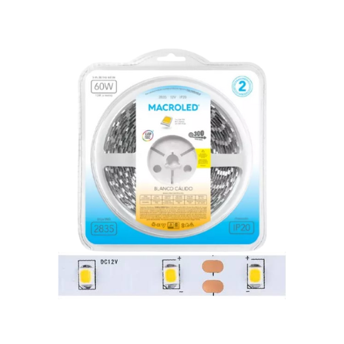 [WW-C300-FW12-IP20] TIRA 2835 BCO CALIDO IP20 - DC12V - 12W - 60 LED x5MTS MACROLED